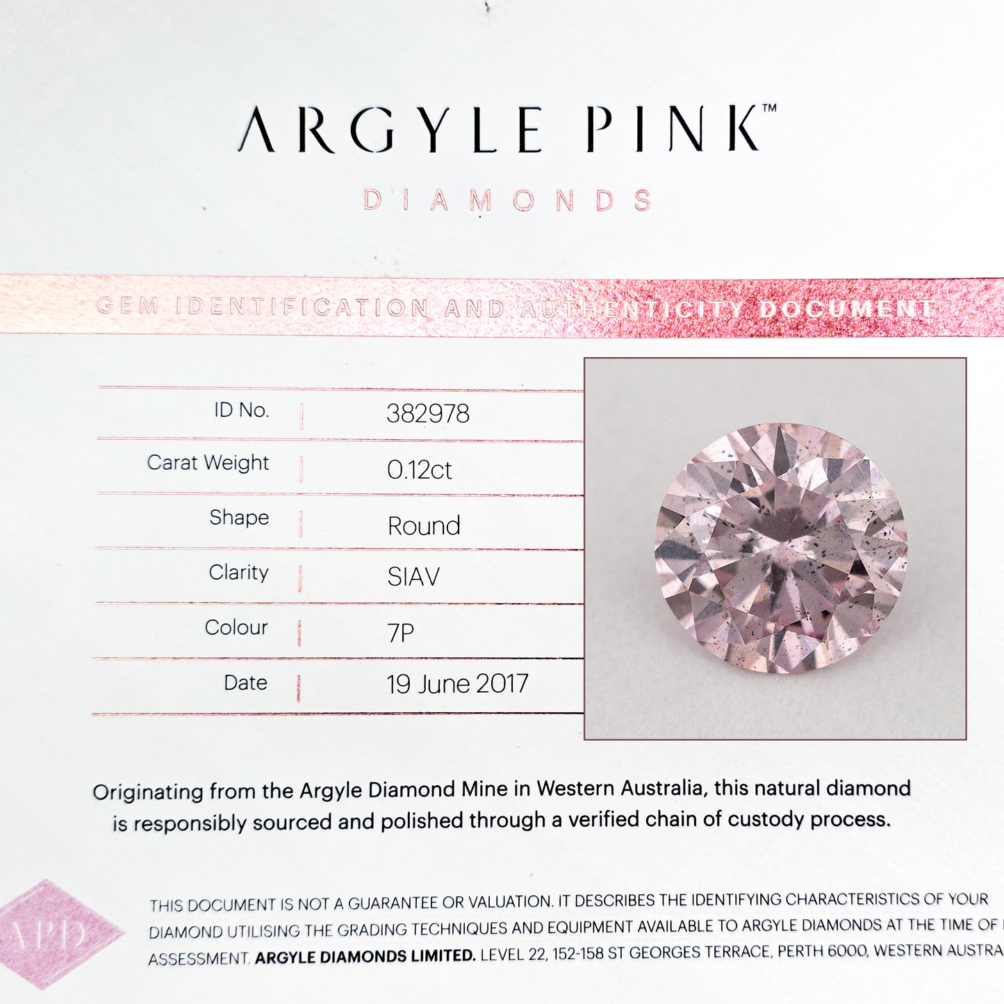 Argyle Certified 0.12ct 7P Fancy Pink Natural Argyle Pink Diamond Round Brilliant