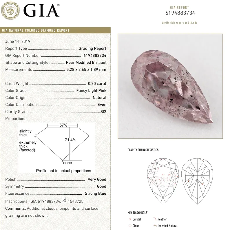 GIA Certified 0.20ct Fancy Light Pink Natural Argyle Pink Diamond Pear Brilliant SI2