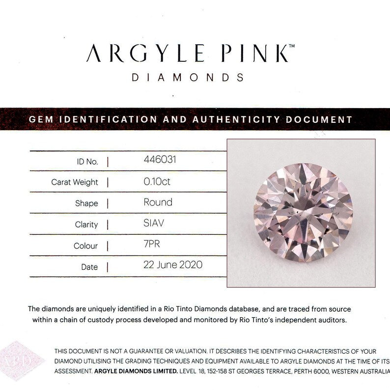 Argyle Certified 0.10ct 7PR Fancy Rose Pink Natural Argyle Pink Diamond Round Brilliant
