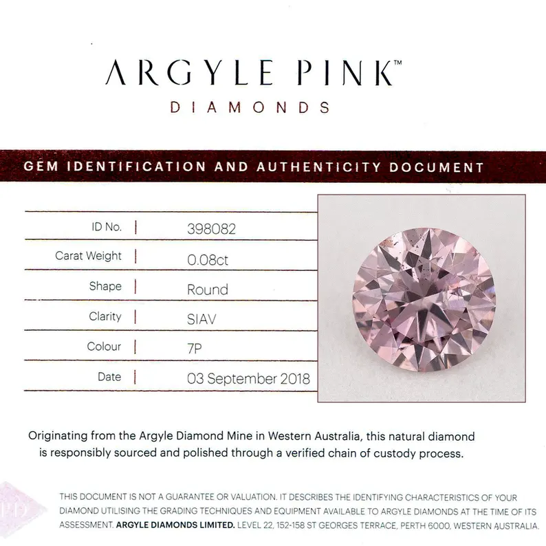 Argyle Certified 0.08ct 7P Fancy Pink Natural Argyle Pink Diamond Round Brilliant