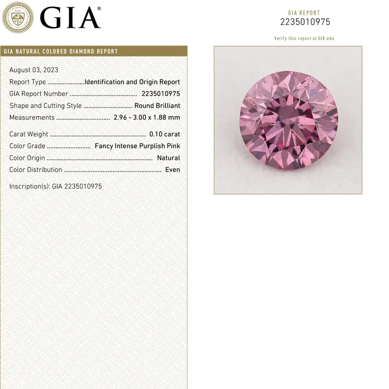 GIA Certified 0.10ct Fancy Intense Purplish Pink Natural Argyle Pink Diamond Round Brilliant VS2
