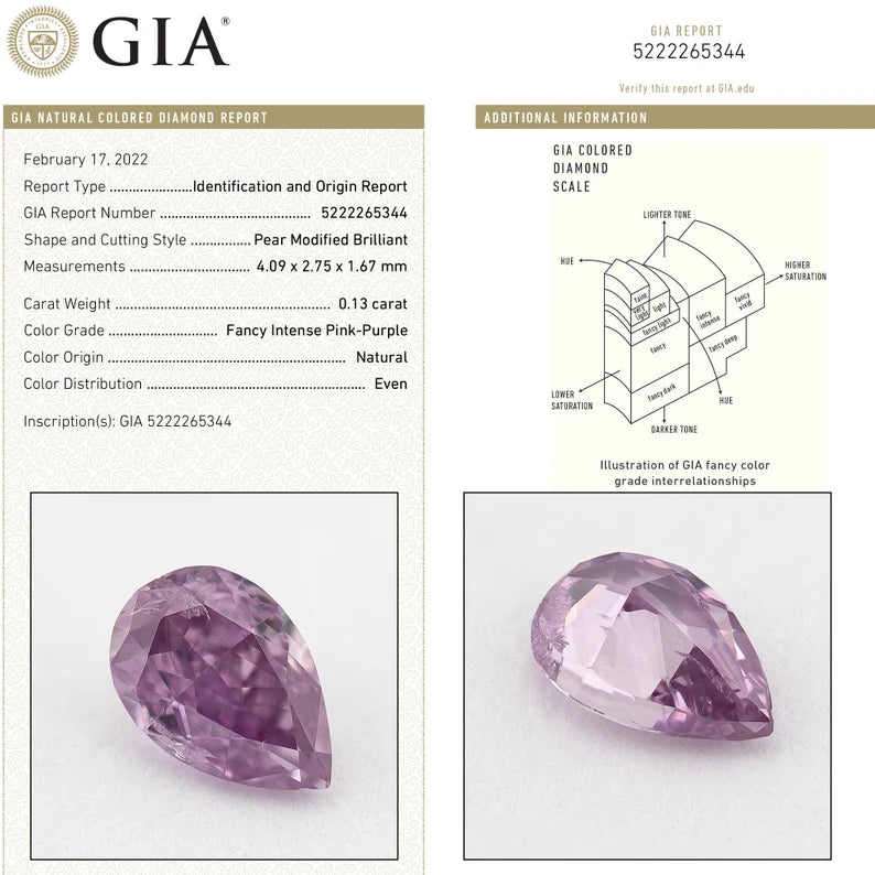 GIA Certified 0.13 Ct Untreated Fancy Intense Pink Purple Natural Diamond Pear Solitaire|Custom Jewelry|Certificate|natural color|rare
