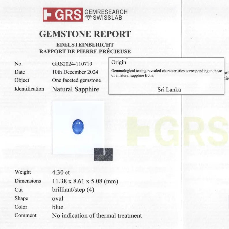 UNHEATED GRS Certified 4.30 ct. Natural Blue Sapphire Oval Ceylon Sri Lanka