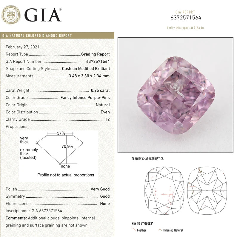 GIA Certified 0.25 Ct Untreated Fancy Intense Purple Pink Natural Diamond Cushion Solitaire|Custom Jewelry|Certificate|natural color|rare
