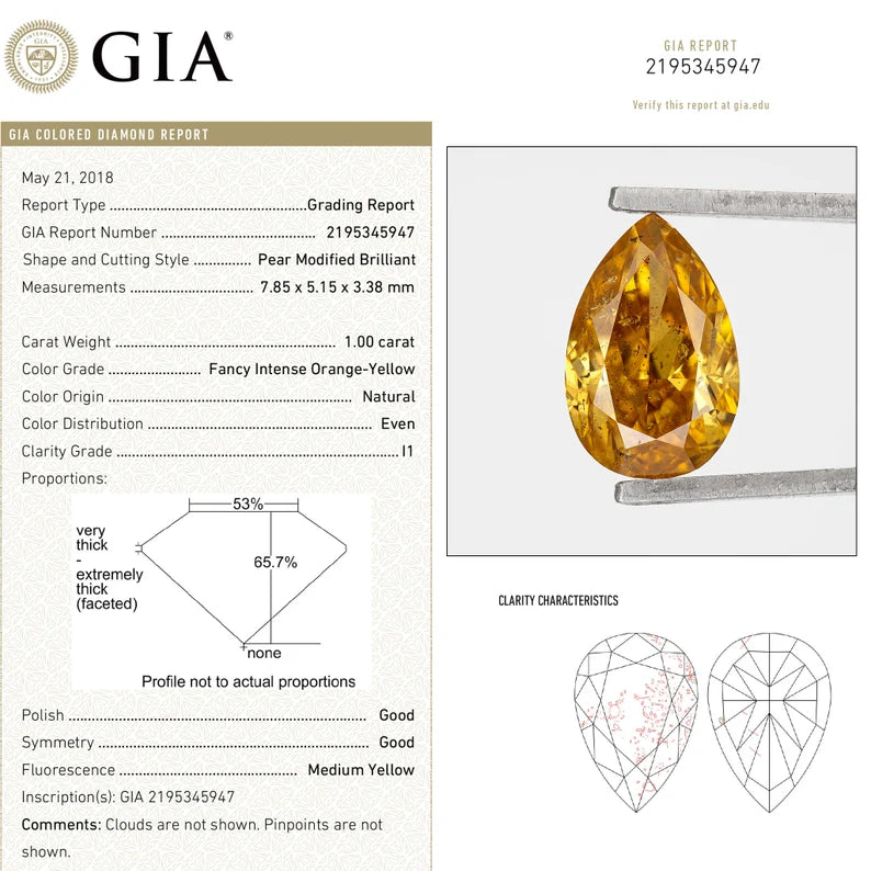 GIA Certified 1.00 Ct Untreated Fancy Intense Orange Yellow Natural Diamond Pear Solitaire|Custom Jewelry|Certificate|genuine|natural color