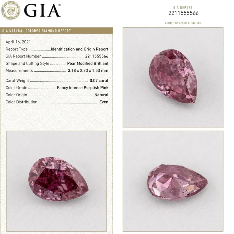 GIA Certified 0.07ct Fancy Intense Purplish Pink Natural Argyle Pink Diamond Pear Brilliant