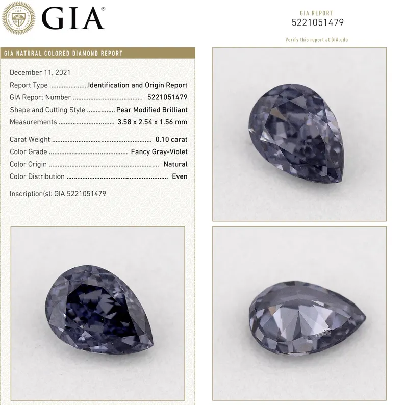 GIA Certified 0.10ct Fancy Gray Violet Natural Argyle Pink Diamond Pear Briliant