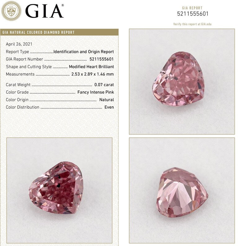 GIA Certified 0.07ct Fancy Intense Pink Natural Argyle Pink Diamond Heart Brilliant