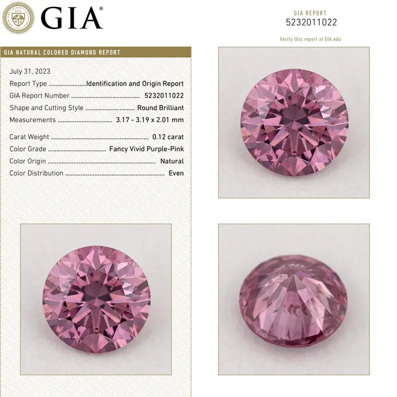GIA Certified 0.12ct Fancy Vivid Purple Pink Natural Argyle Pink Diamond Round Brilliant SI1