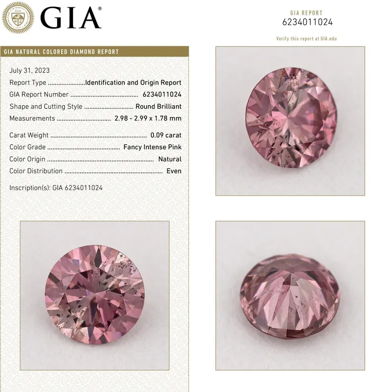 GIA Certified 0.09ct Fancy Intense Pink Natural Argyle Pink Diamond Round Brilliant SI2