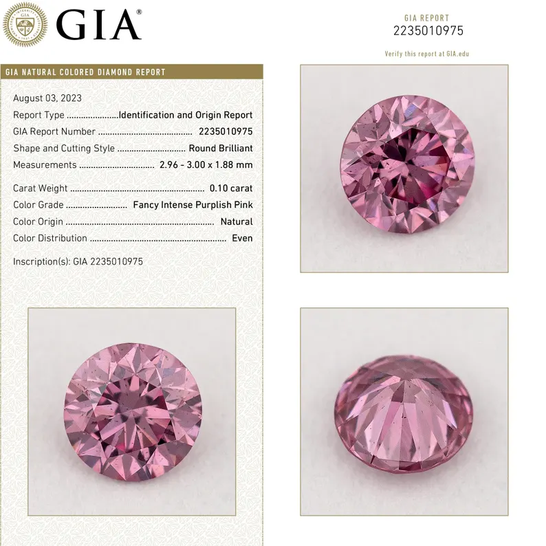 GIA Certified 0.10ct Fancy Intense Purplish Pink Natural Argyle Pink Diamond Round Brilliant VS2