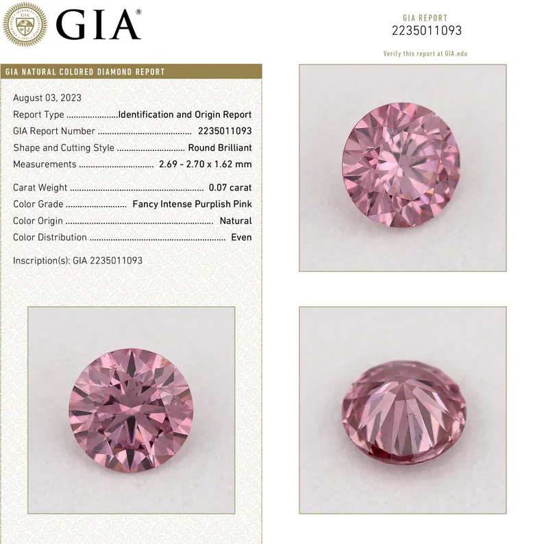 GIA Certified 0.07ct Fancy Intense Purplish Pink Natural Argyle Pink Diamond Round Brilliant VS1