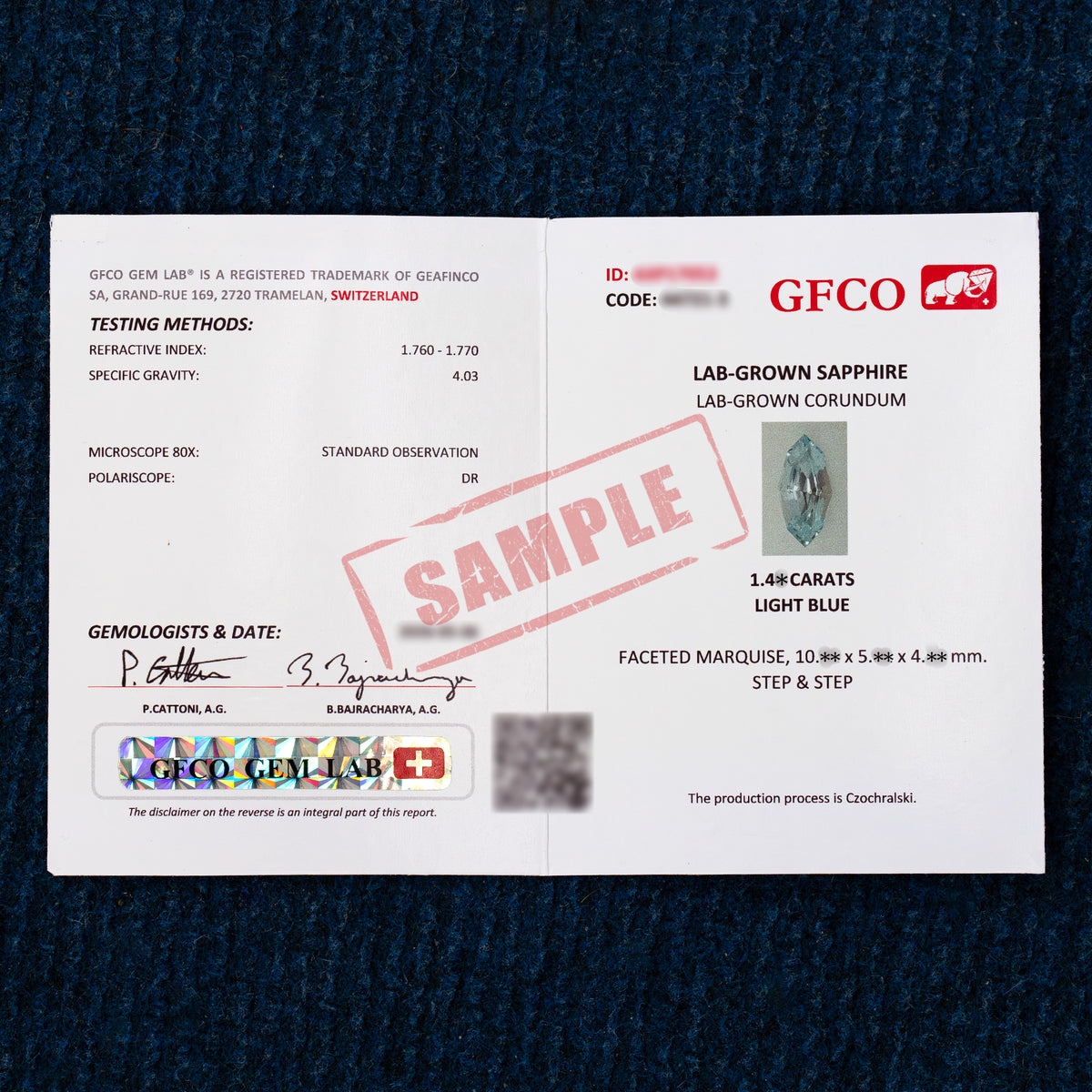GFCO sample laboratory report for lab-grown sapphire, marked SAMPLE; the laboratory issuing the supplied report may vary.