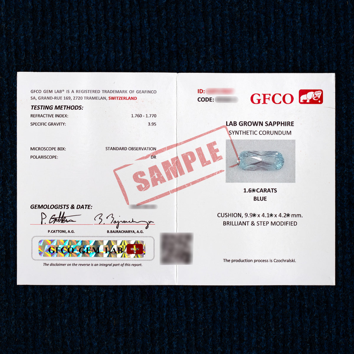 GFCO sample report for lab-grown blue sapphire, marked SAMPLE with identifiers obscured.