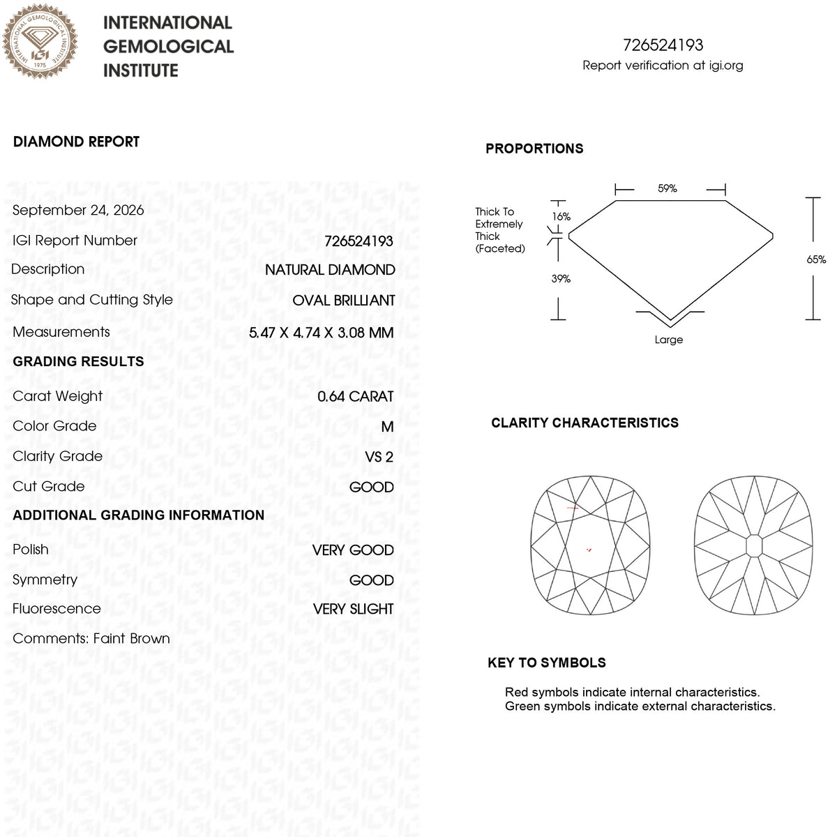 IGI report 726524193 for a 0.64 ct natural diamond, graded M color and VS2 clarity, with Oval Brilliant shape and cutting style.