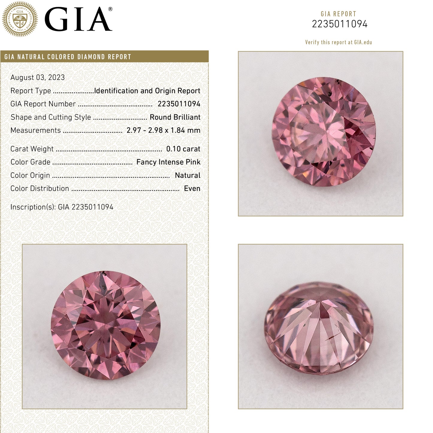 GIA Certified 0.10ct Fancy Intense Pink Natural Argyle Pink Diamond Round Brilliant VS1