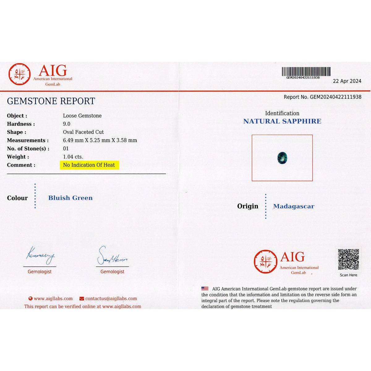 AIG gemstone report GEM20240422111938 for the 1.04ct natural sapphire, showing Bluish Green, Madagascar and No Indication Of Heat.