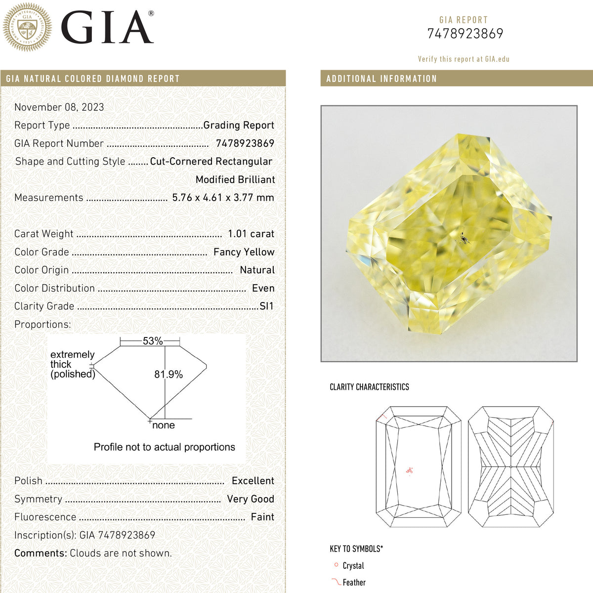 GIA report composite 7478923869 alongside a photograph of the matching cut-cornered rectangular yellow diamond and grading details.