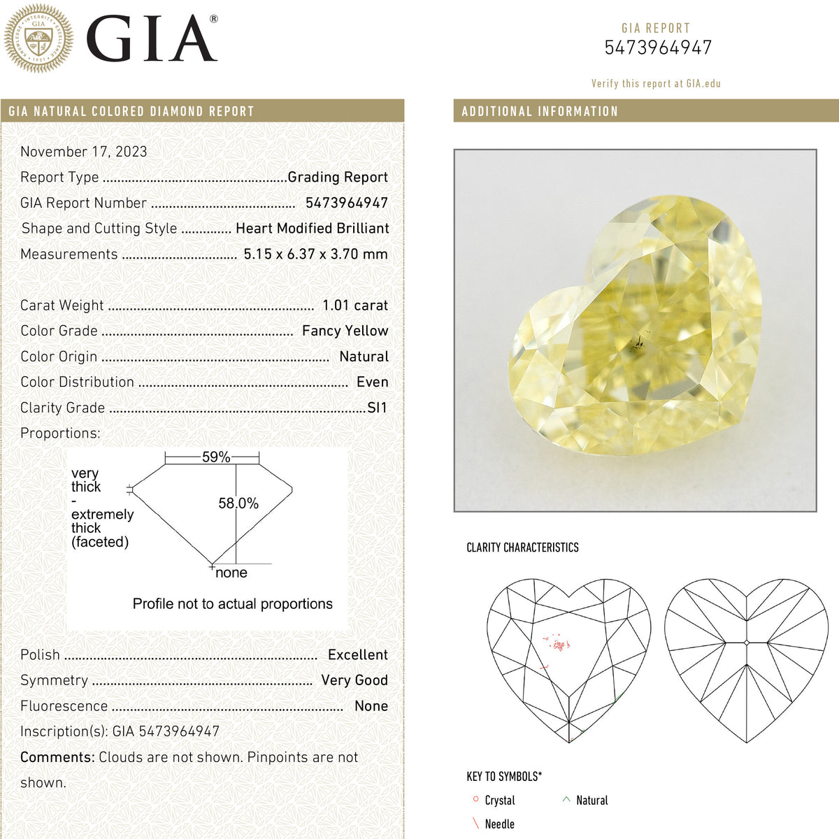 GIA report composite 5473964947 alongside a photograph of the matching heart-shaped yellow diamond and grading details.