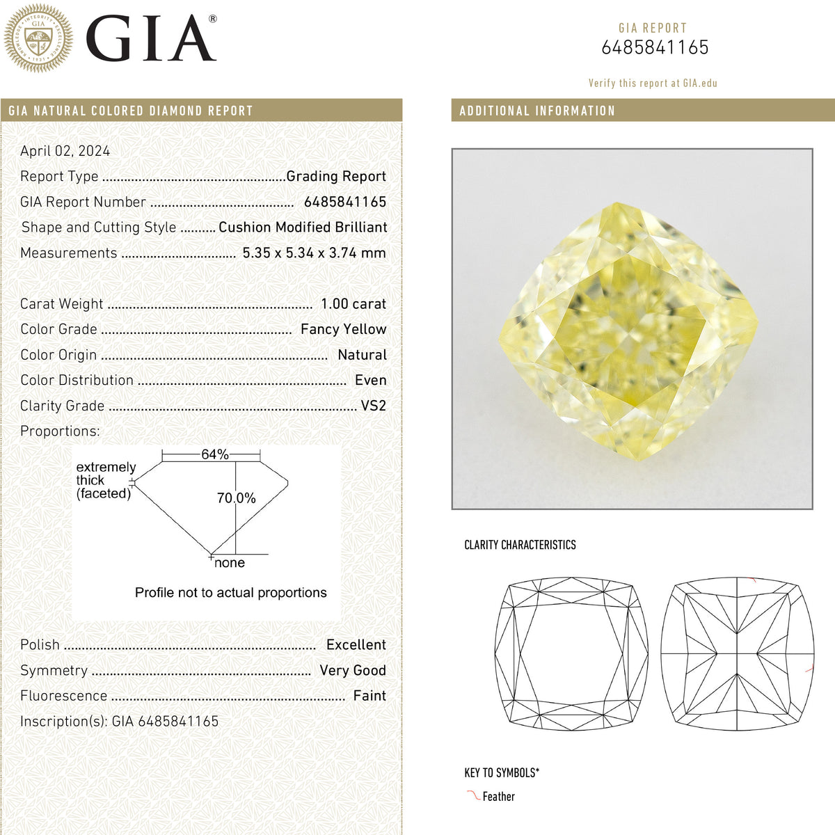 GIA report composite 6485841165 with a matching cushion-shaped yellow diamond photograph and grading details.
