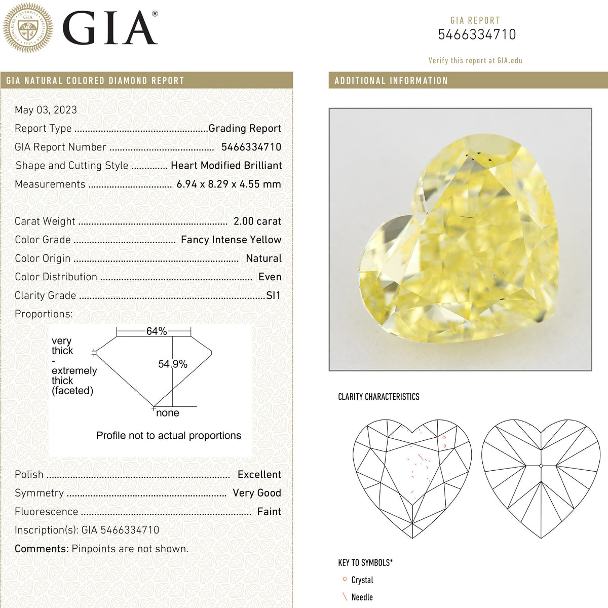 Composite showing GIA report 5466334710 and a photograph of the corresponding yellow heart-shaped natural diamond.