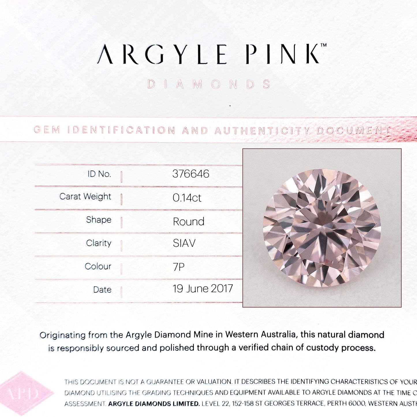 Argyle Certified 0.14ct 7P Fancy Pink Natural Argyle Pink Diamond Round Brilliant