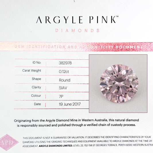 Argyle Certified 0.12ct 7P Fancy Pink Natural Argyle Pink Diamond Round Brilliant