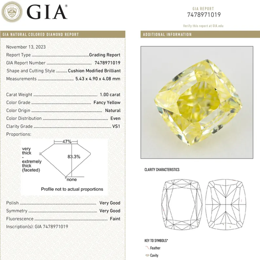 GIA Certified 1.00ct. Fancy Yellow Loose Natural Diamond Cushion VS1 Untreated|Certificate|Genuine|Yellow Diamond