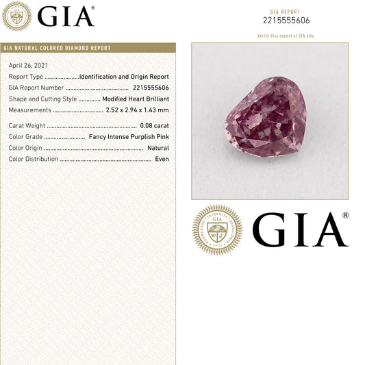 GIA Certified 0.08ct Fancy Intense Purplish Pink Natural Argyle Pink Diamond Heart Brilliant