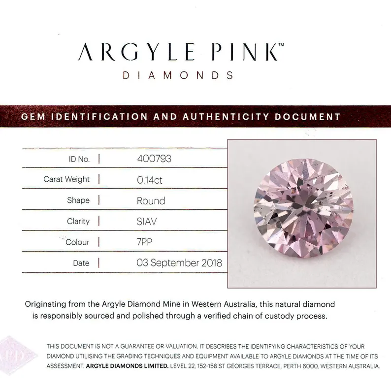 Argyle Certified 0.14ct 7PP Fancy Pink Natural Argyle Pink Diamond Round Brilliant