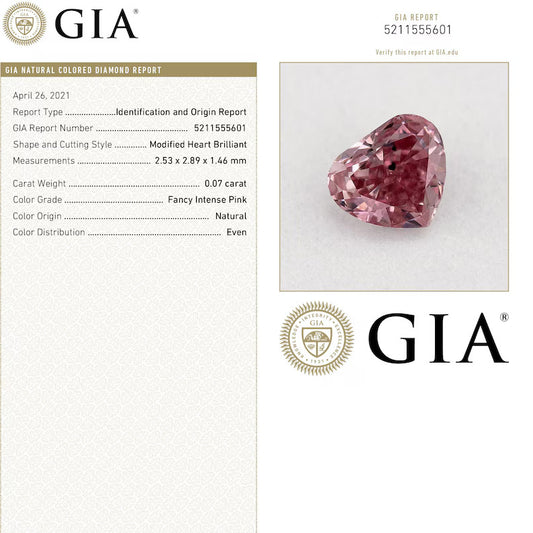 GIA Certified 0.07ct Fancy Intense Pink Natural Argyle Pink Diamond Heart Brilliant