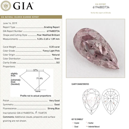 GIA Certified 0.20ct Fancy Light Pink Natural Argyle Pink Diamond Pear Brilliant SI2