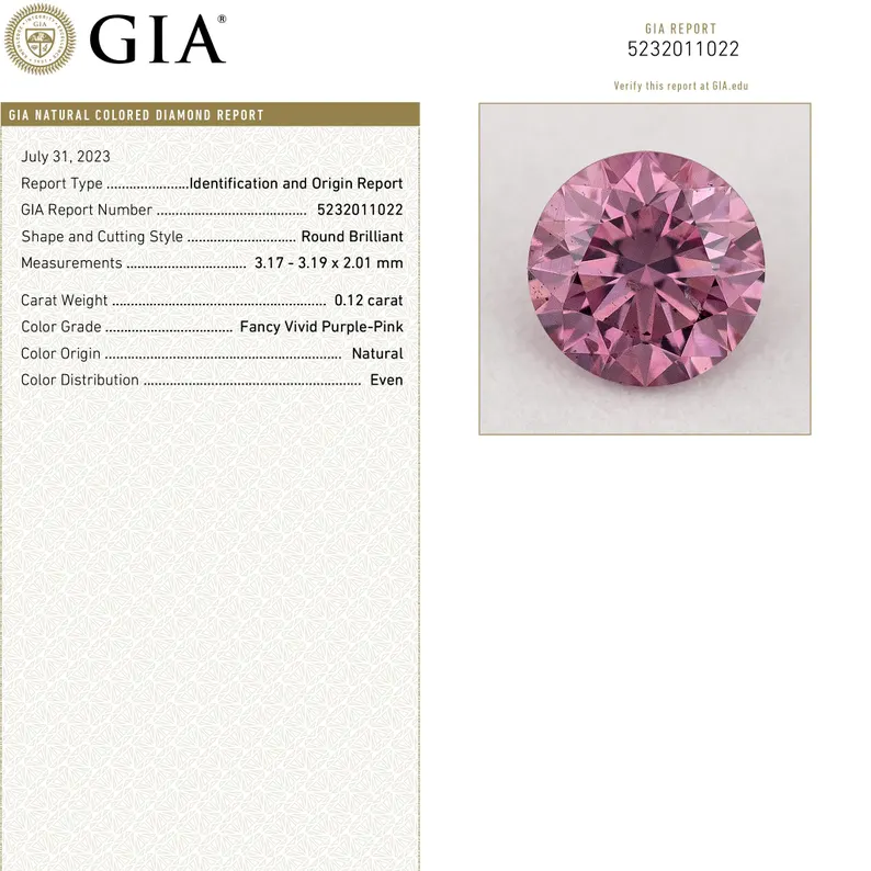 GIA Certified 0.12ct Fancy Vivid Purple Pink Natural Argyle Pink Diamond Round Brilliant SI1