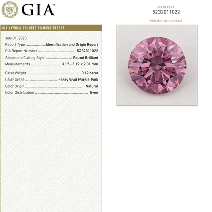 GIA Certified 0.12ct Fancy Vivid Purple Pink Natural Argyle Pink Diamond Round Brilliant SI1