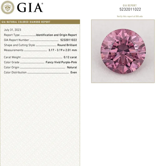 GIA Certified 0.12ct Fancy Vivid Purple Pink Natural Argyle Pink Diamond Round Brilliant SI1