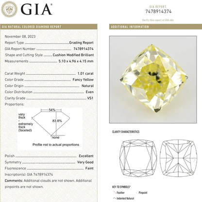 GIA Certified 1.01ct. Fancy Yellow Loose Natural Diamond Cushion VS1 Untreated|Certificate|Genuine|Yellow Diamond