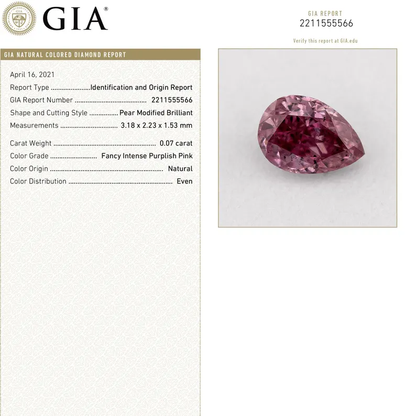 GIA Certified 0.07ct Fancy Intense Purplish Pink Natural Argyle Pink Diamond Pear Brilliant