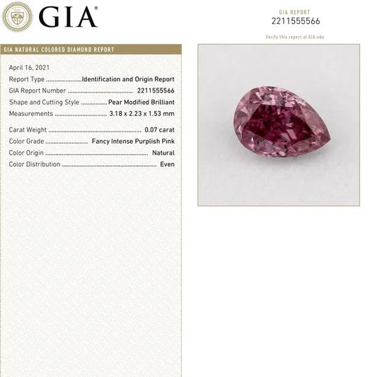 GIA Certified 0.07ct Fancy Intense Purplish Pink Natural Argyle Pink Diamond Pear Brilliant
