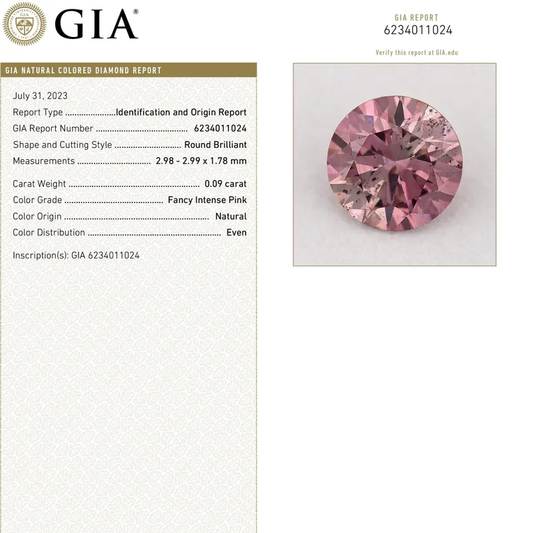 GIA Certified 0.09ct Fancy Intense Pink Natural Argyle Pink Diamond Round Brilliant SI2