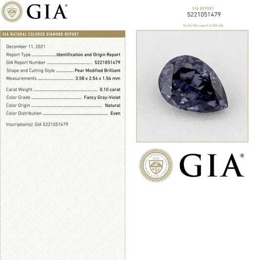 GIA Certified 0.10ct Fancy Gray Violet Natural Argyle Pink Diamond Pear Briliant