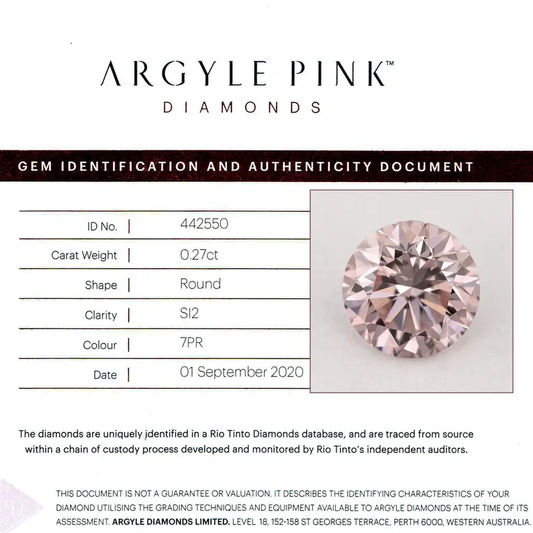 Argyle Certified 0.27ct 7PR Fancy Pink Natural Argyle Pink Diamond Round Brilliant