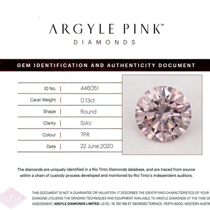 Argyle Certified 0.13ct 7PR Fancy Rose Pink Natural Argyle Pink Diamond Round Brilliant