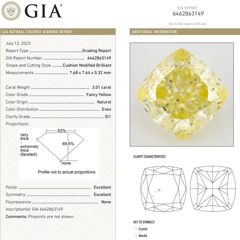 GIA Certified 3.01ct. Fancy Yellow Loose Natural Diamond Cushion SI1 Untreated|Certificate|Genuine|Yellow Diamond
