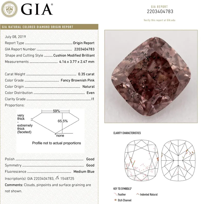 GIA Certified 0.35ct Fancy Brownish Pink Natural Argyle Pink Diamond Cushion Brilliant SI1