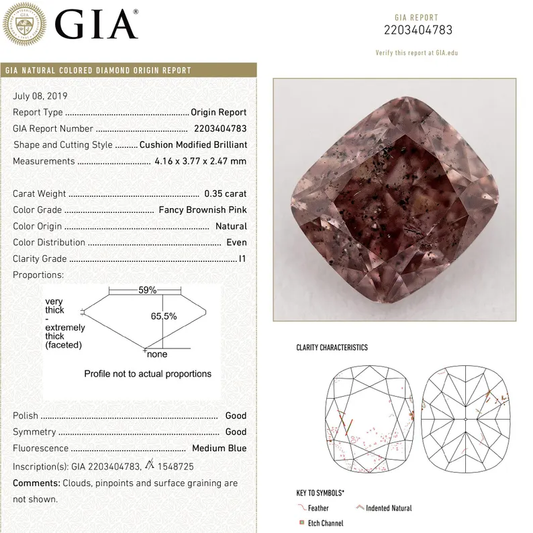 GIA Certified 0.35ct Fancy Brownish Pink Natural Argyle Pink Diamond Cushion Brilliant SI1