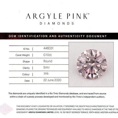 Argyle Certified 0.10ct 7PR Fancy Rose Pink Natural Argyle Pink Diamond Round Brilliant
