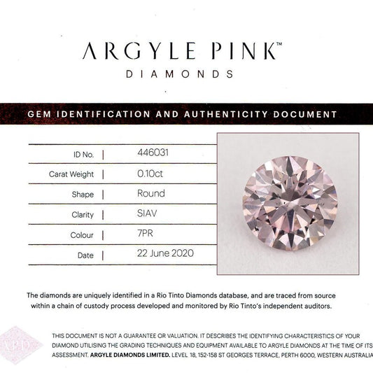 Argyle Certified 0.10ct 7PR Fancy Rose Pink Natural Argyle Pink Diamond Round Brilliant