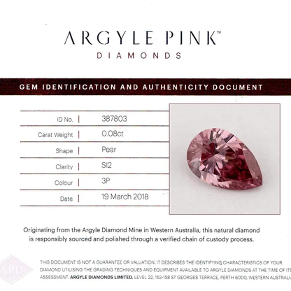 Argyle Certified 0.08ct 3P Fancy Vivid Pink Natural Argyle Pink Diamond Pear Brilliant