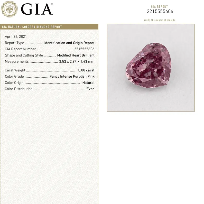 GIA Certified 0.8ct Fancy Intense Purplish Pink Natural Argyle Pink Diamond Heart Brilliant