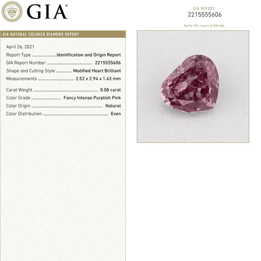 GIA Certified 0.8ct Fancy Intense Purplish Pink Natural Argyle Pink Diamond Heart Brilliant